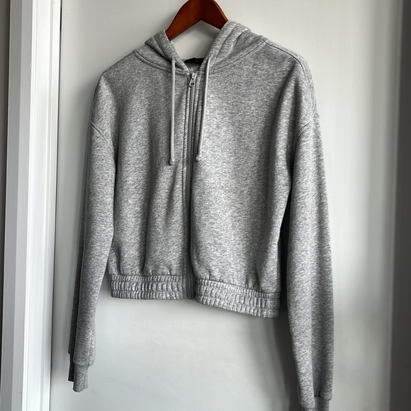 [M] Women's Teens Crop Sweatshirt Hoodie, zipper, light grey, cotton 60% - Picture 2 of 9